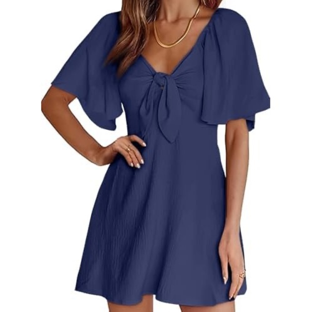 (CL)‎ Blue Flutter Sleeve Tie Front Smocked Back Mini Dress Small